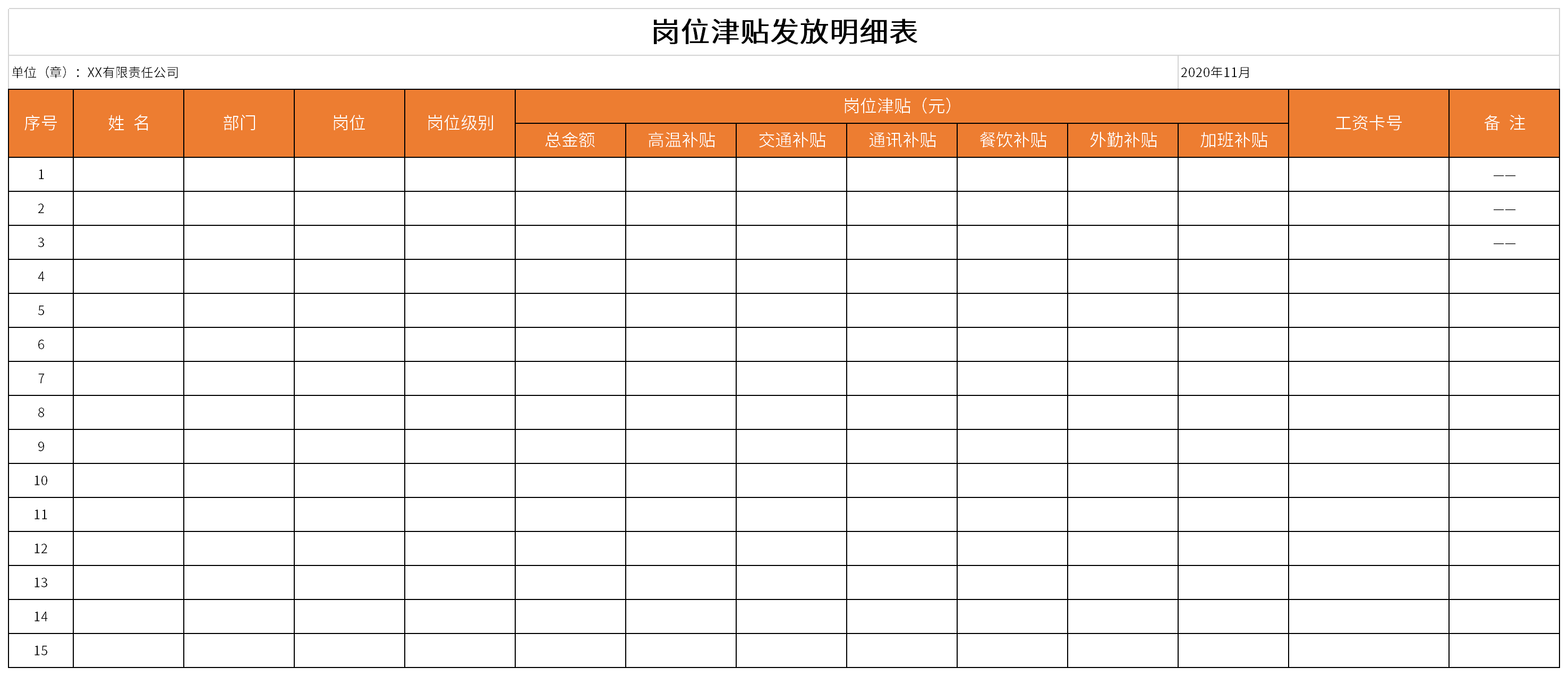 岗位津贴发放明细表截图