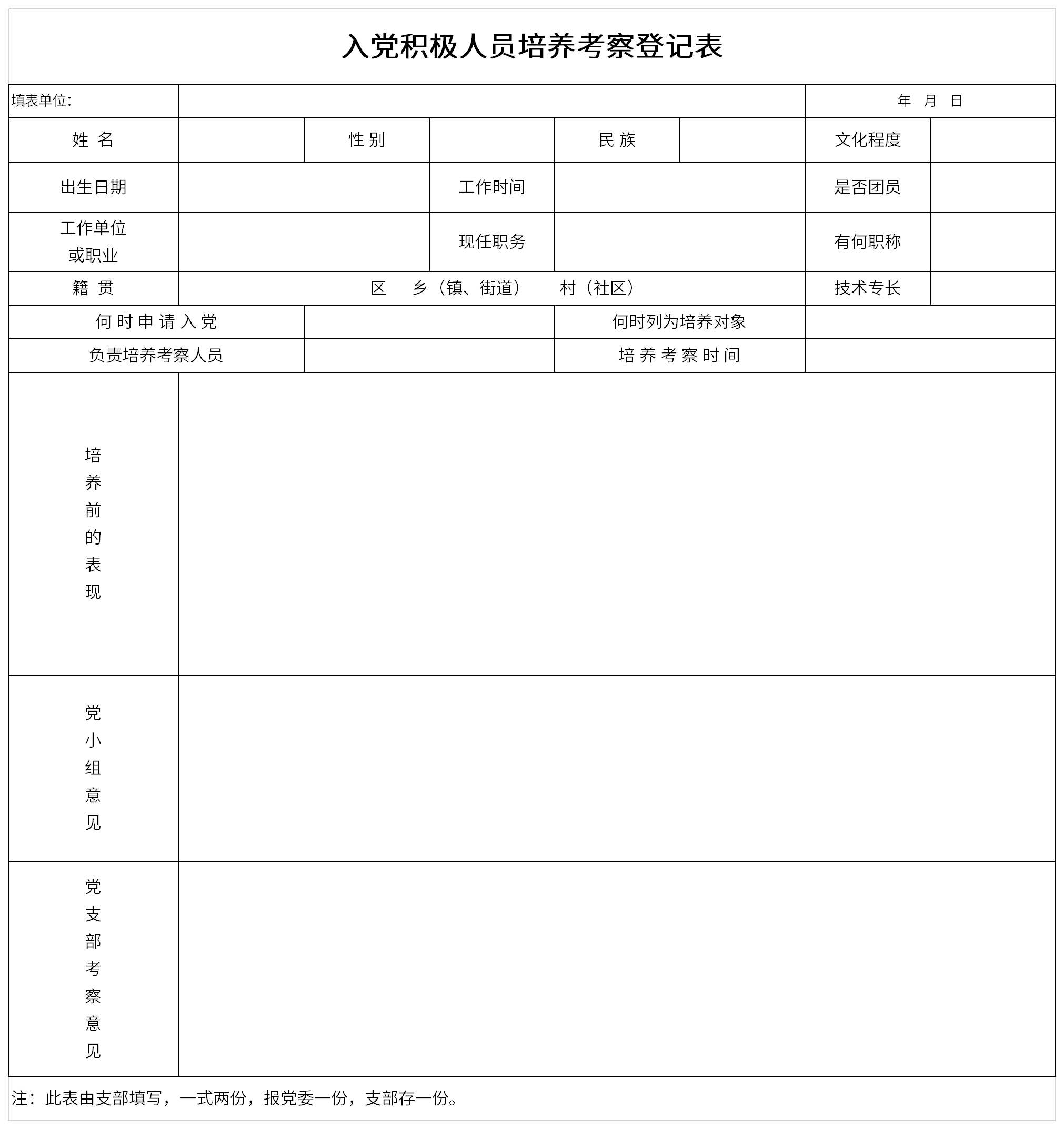 入党积极人员培养考察登记表截图