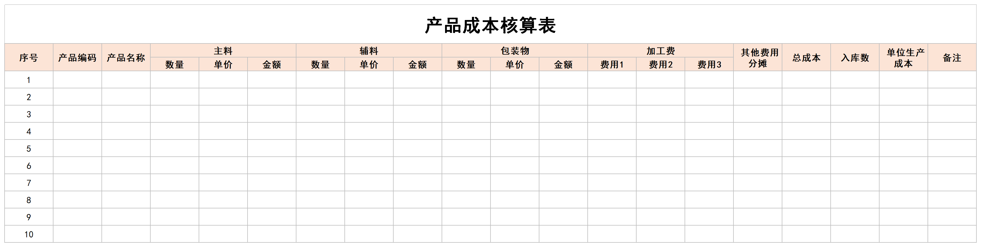 产品成本核算表截图